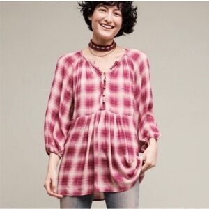 Anthropologie Maeve Shirt Size XS Peplum Pink Plaid Cavalon Boho 3/4 Sleeve